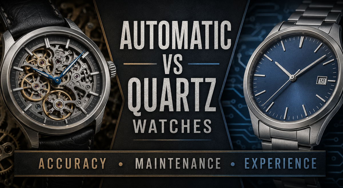 Automatic versus quartz watches comparison showing two movement styles