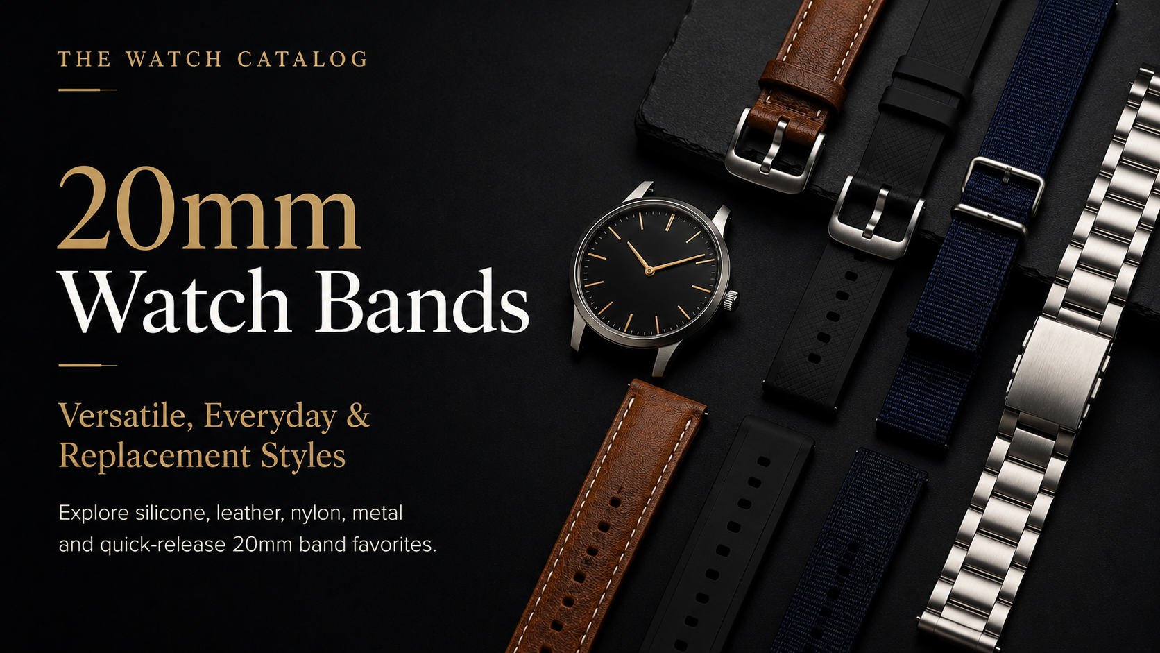 20mm Watch Bands collection featuring leather, silicone, nylon, metal, and quick-release replacement band styles.