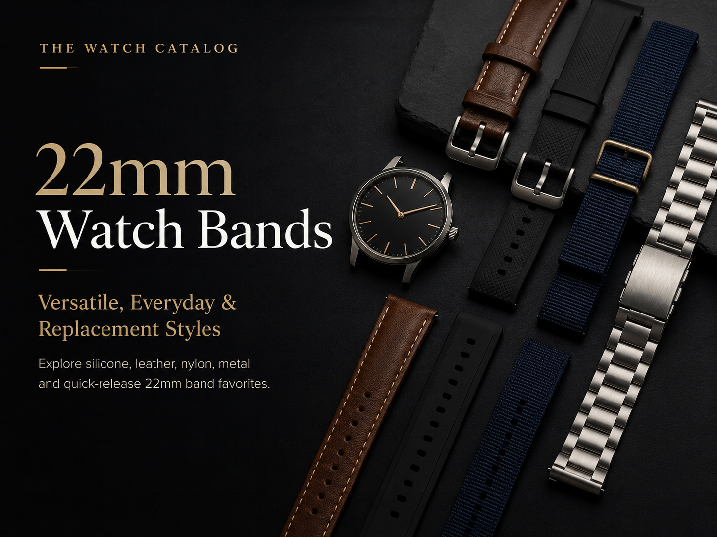 22mm Watch Bands collection featuring leather, silicone, nylon, metal, and quick-release replacement band styles.