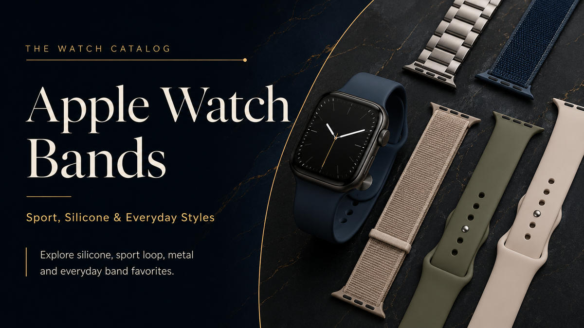 Apple Watch Bands collection featuring silicone, sport loop, metal, and everyday replacement band styles in multiple colors and materials.