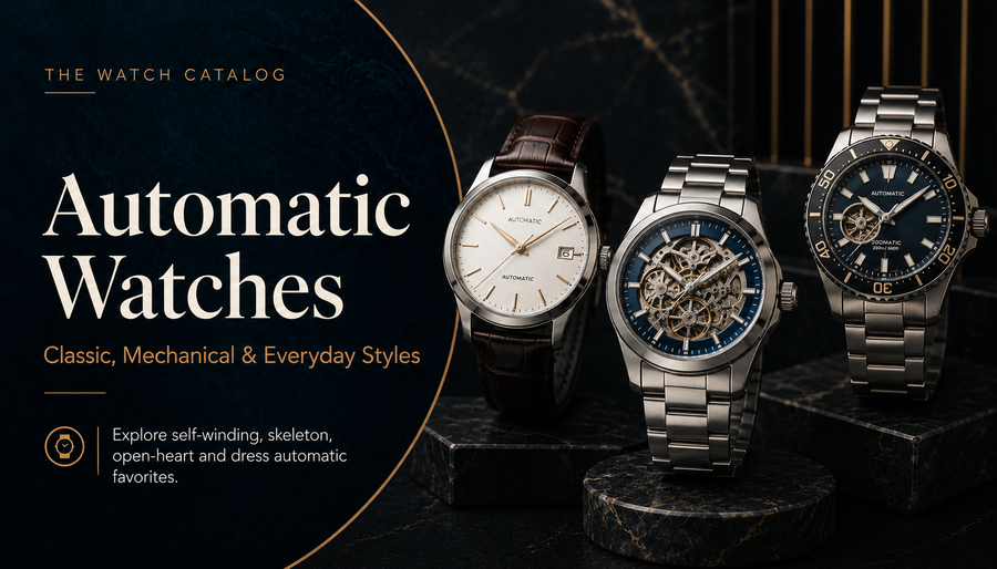 Automatic Watches collection featuring self-winding, skeleton, open-heart, dress, and dive watch styles.