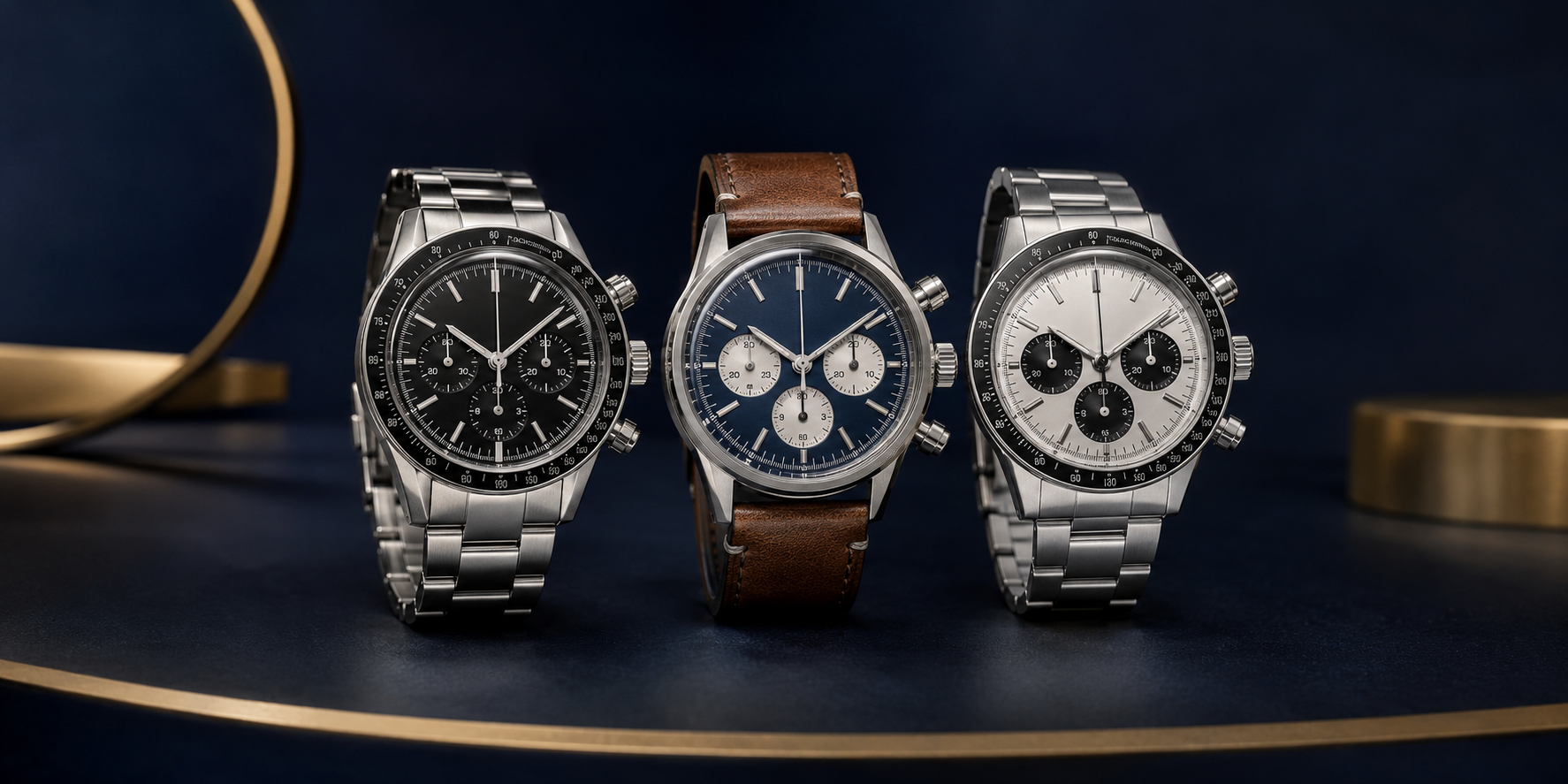 Chronograph watches with stainless steel bracelets and a brown leather strap on a navy studio background.