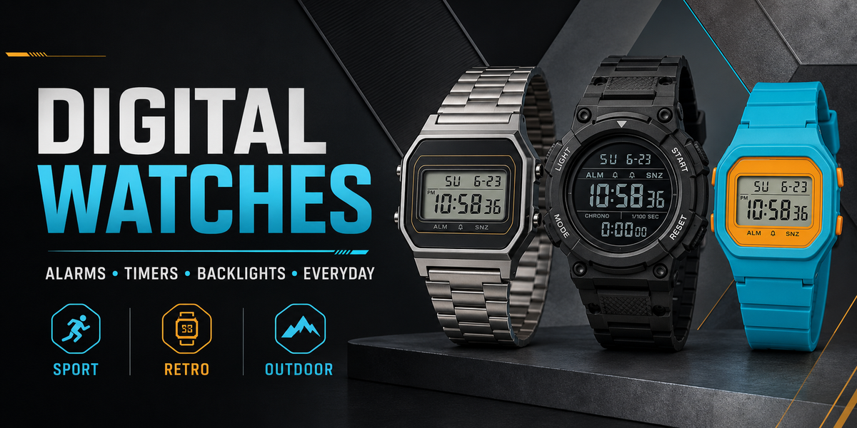 Digital watches with alarms, timers, backlights, sport and retro styles