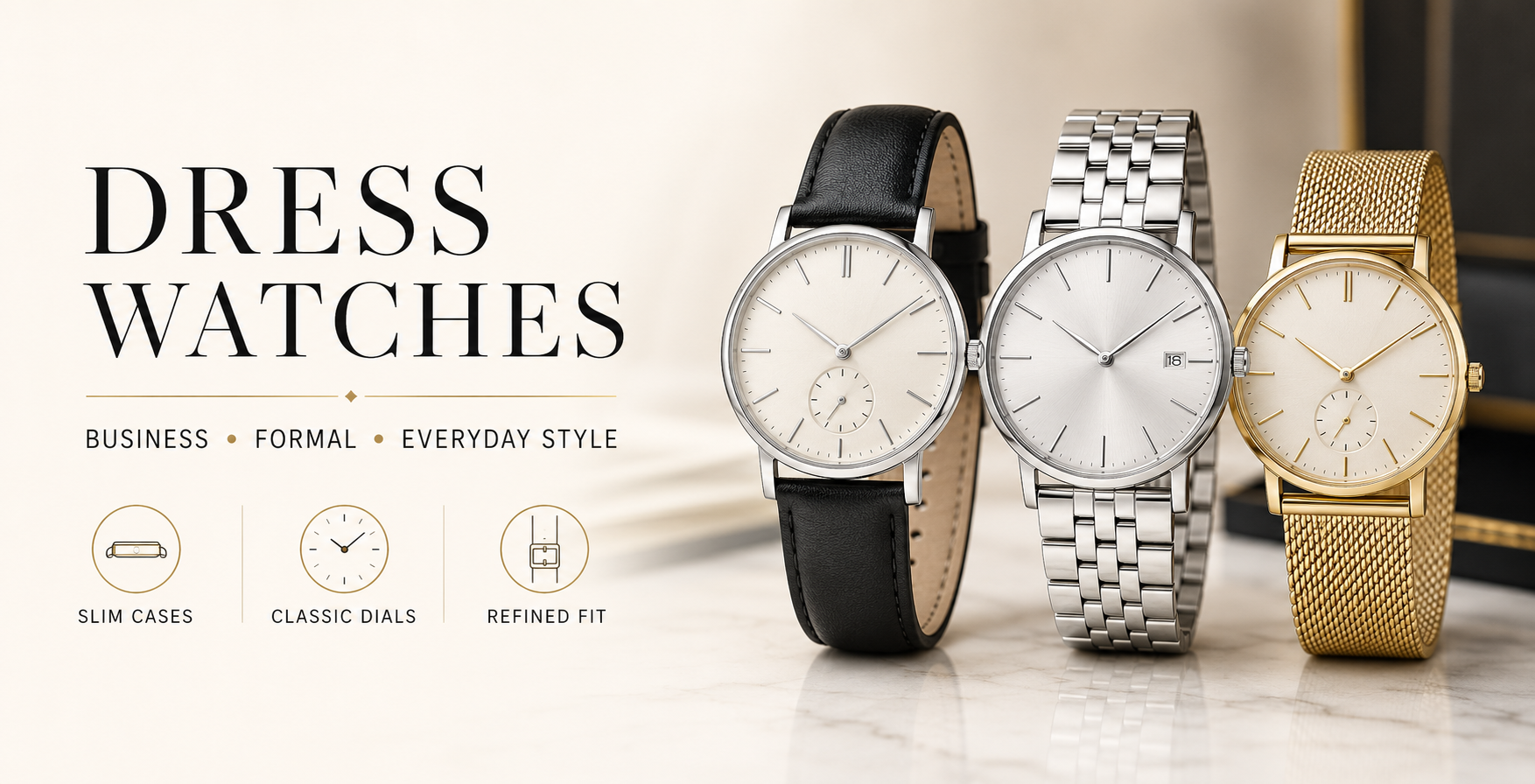 Dress watches with slim cases, classic dials, leather straps and metal bracelets