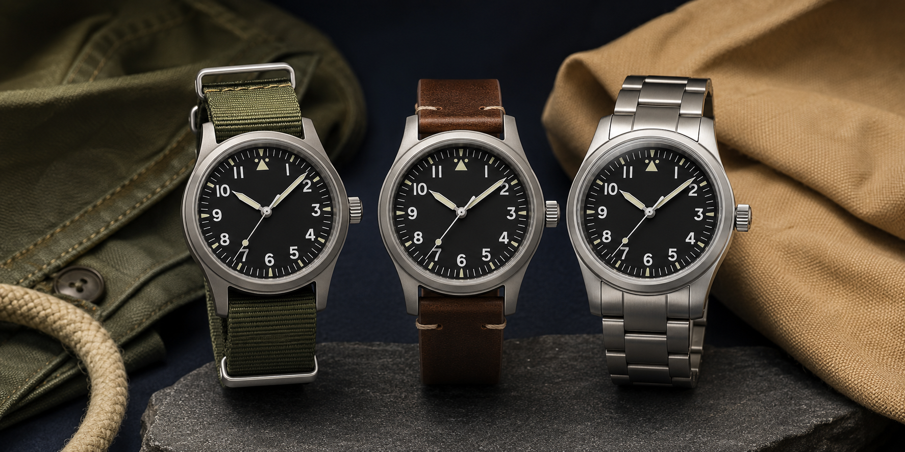 Three field watches with nylon, leather and stainless steel bands on an outdoor-inspired studio background.