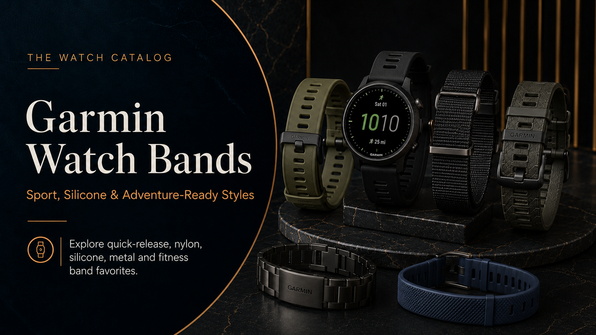 Garmin Watch Bands collection featuring silicone, nylon, metal, quick-release, sport, and adventure-ready replacement band styles.