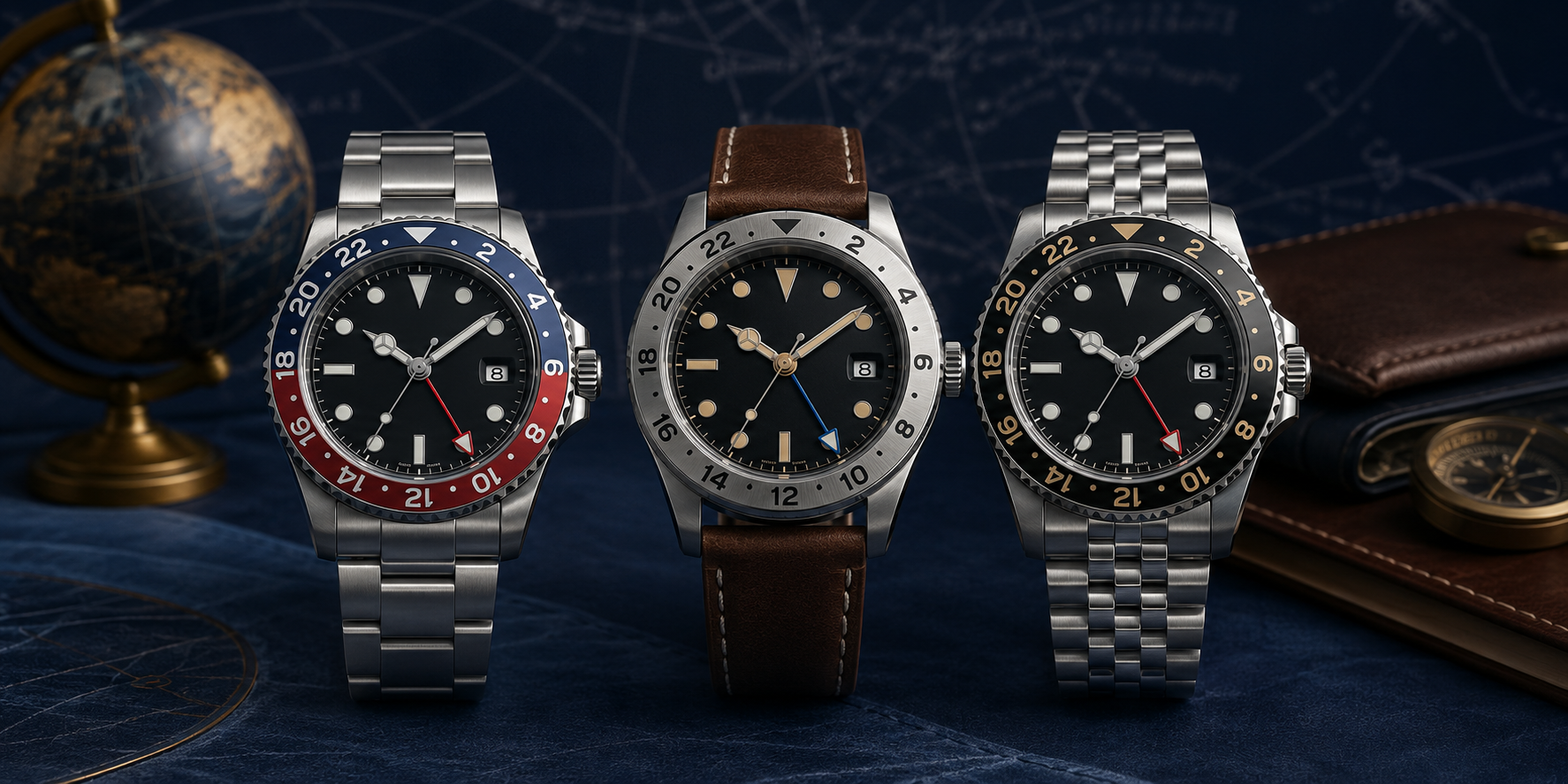 Three GMT watches with contrasting 24-hour hands and travel-inspired bezels.