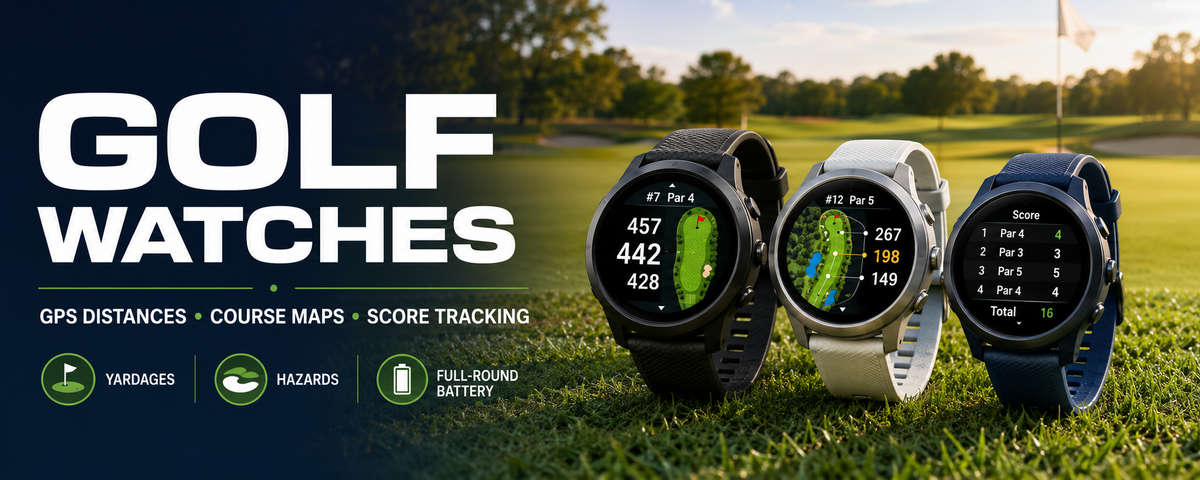 Golf watches with GPS distances, course maps, hazards and score tracking
