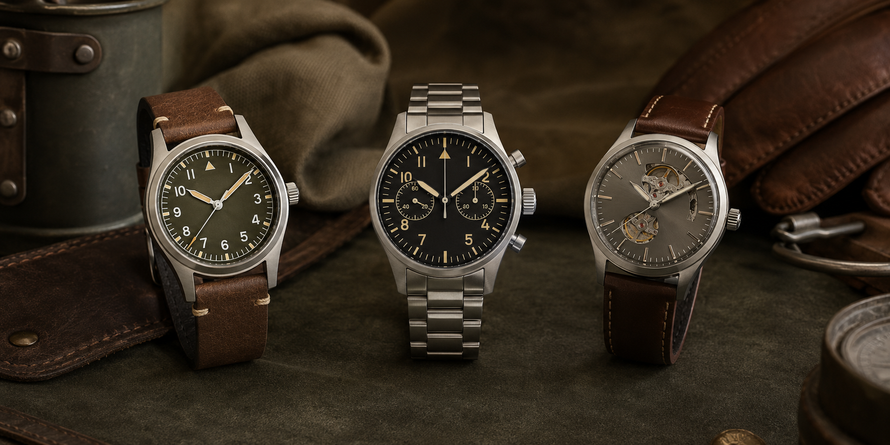 Field, aviation chronograph and open-heart mechanical watches in a heritage-inspired setting.