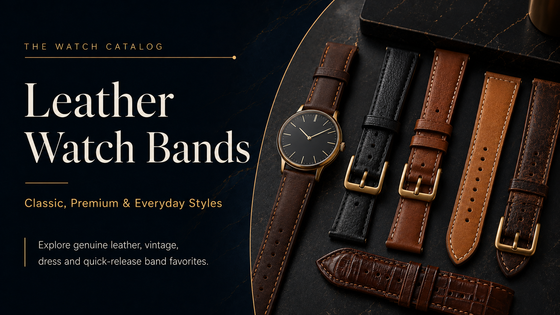Leather Watch Bands collection featuring genuine leather, vintage, dress, quick-release, and everyday replacement band styles in classic brown and black tones.