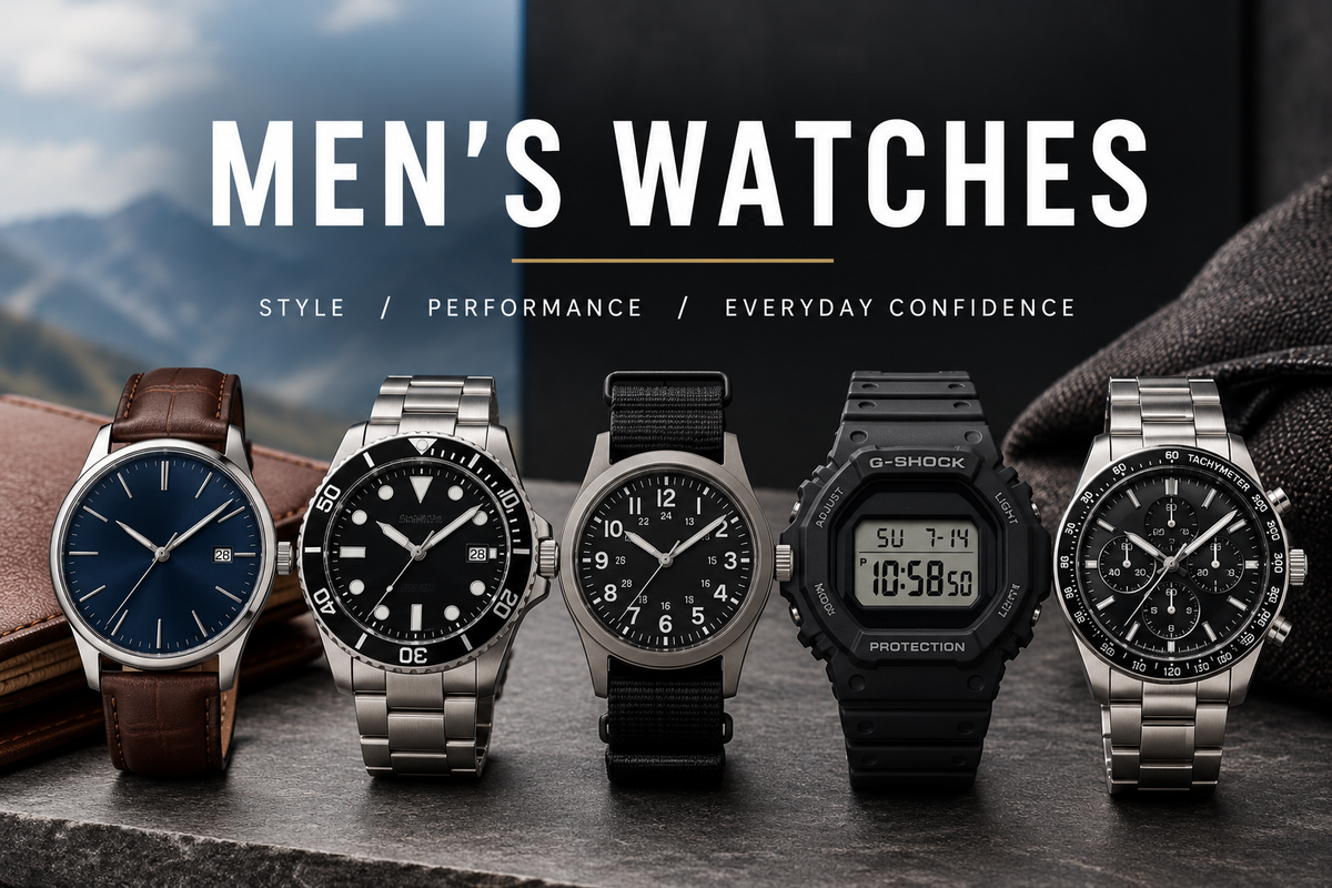 Men’s watches in dress, dive, field, digital and chronograph styles displayed on a dark stone surface.