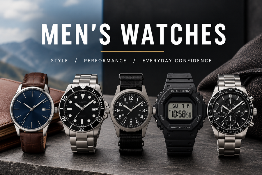Men’s watches in dress, dive, field, digital and chronograph styles displayed on a dark stone surface.