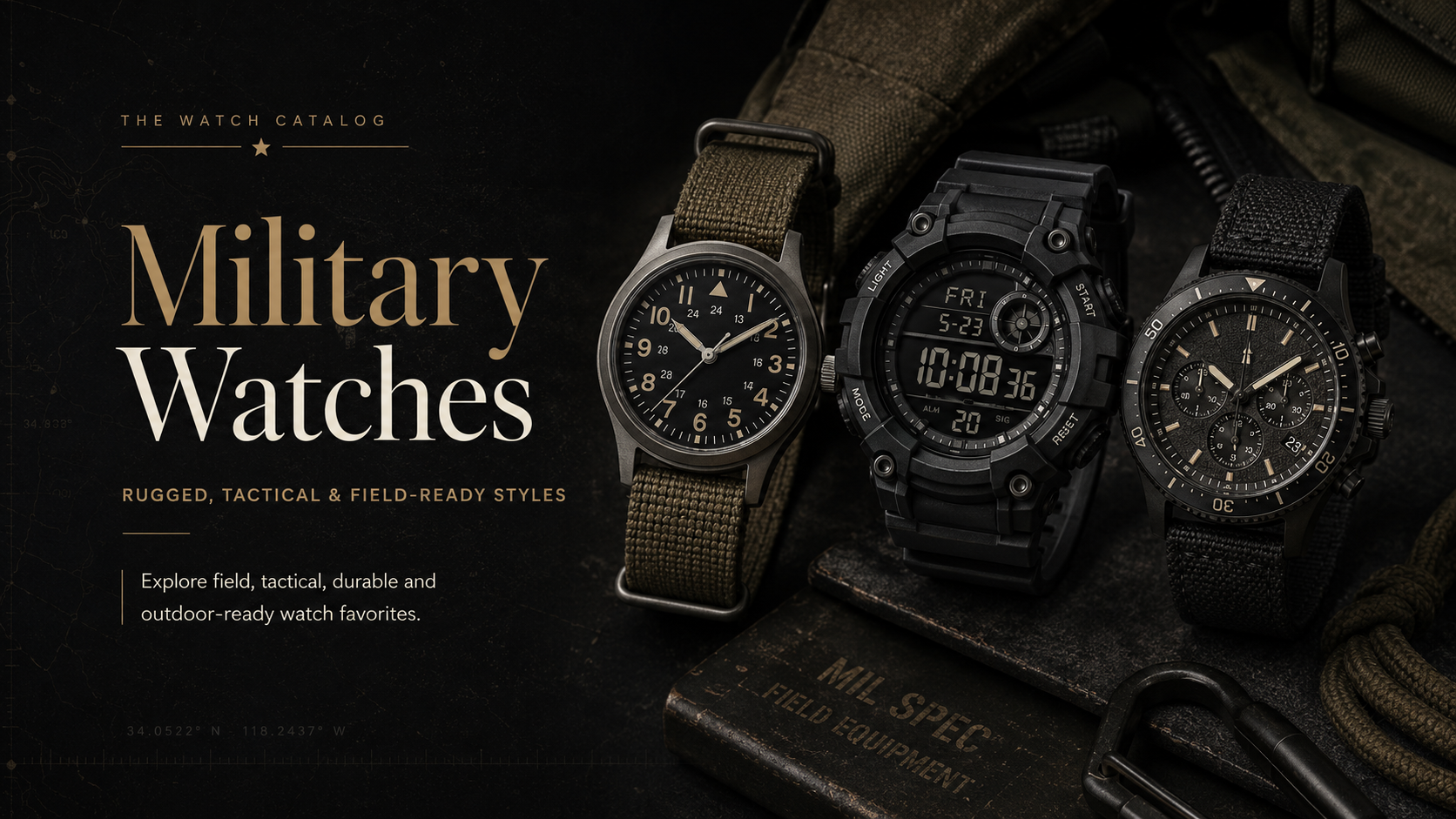 Military Watches collection featuring rugged field, tactical, digital, chronograph, and outdoor-ready watch styles.
