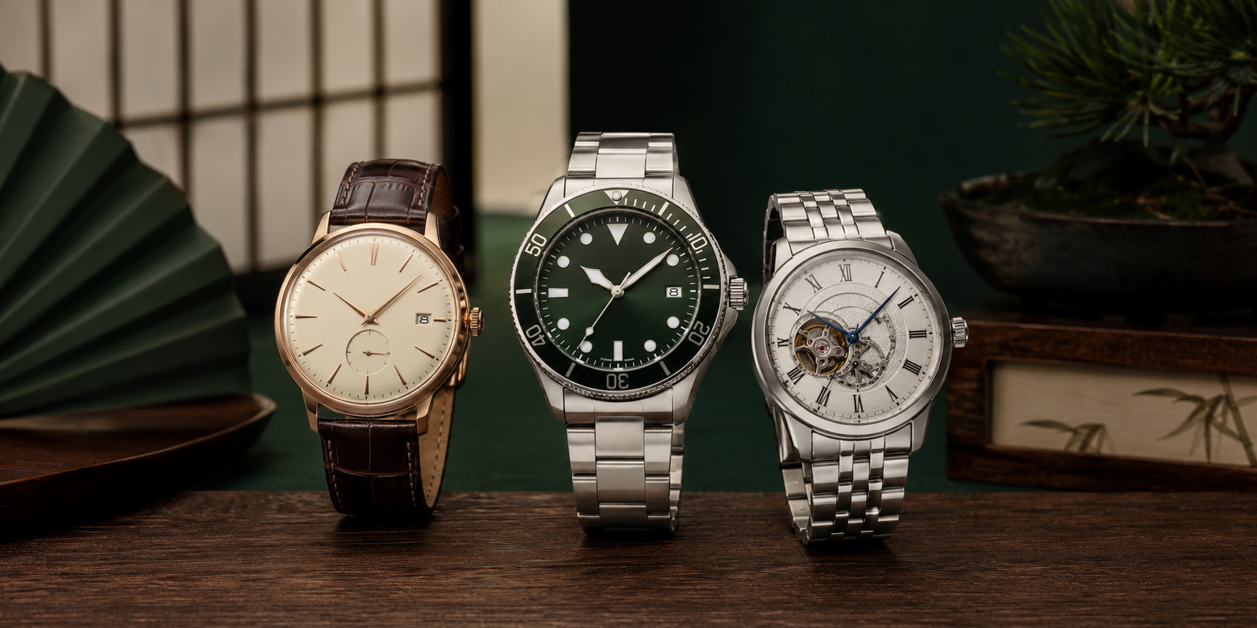 Automatic dress, dive-style and open-heart watches on an emerald and dark wood background.