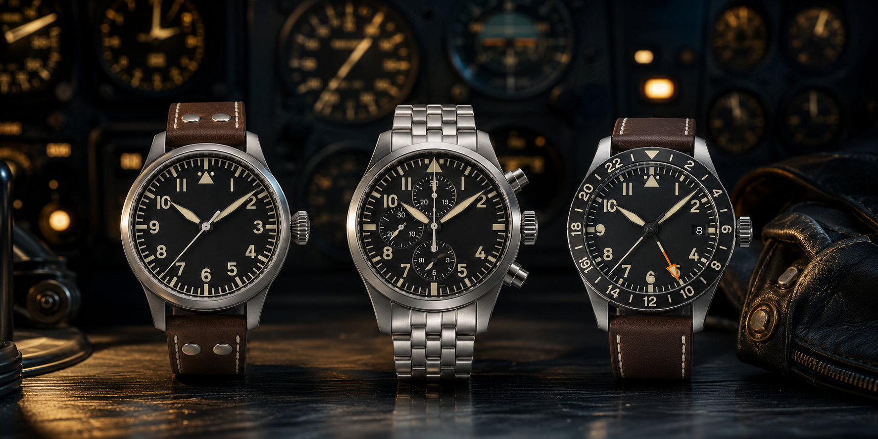 Three aviation-inspired pilot watches with readable dials, chronograph and GMT details.