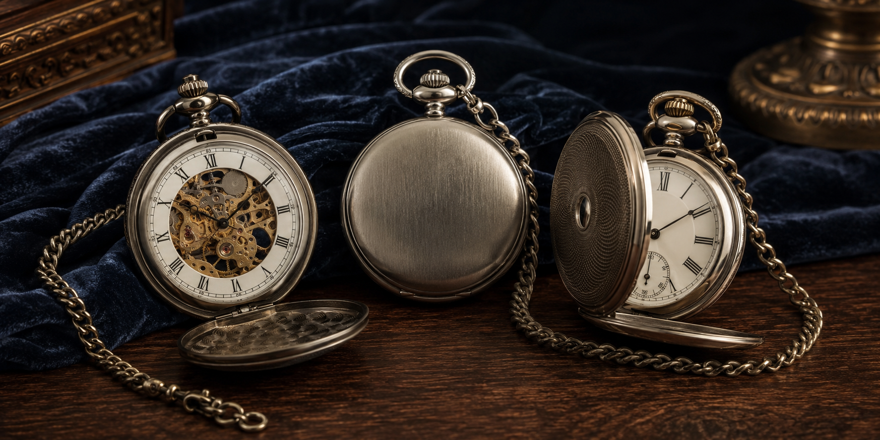 Open-face, hunter-case and half-hunter pocket watches with chains on navy velvet and walnut.