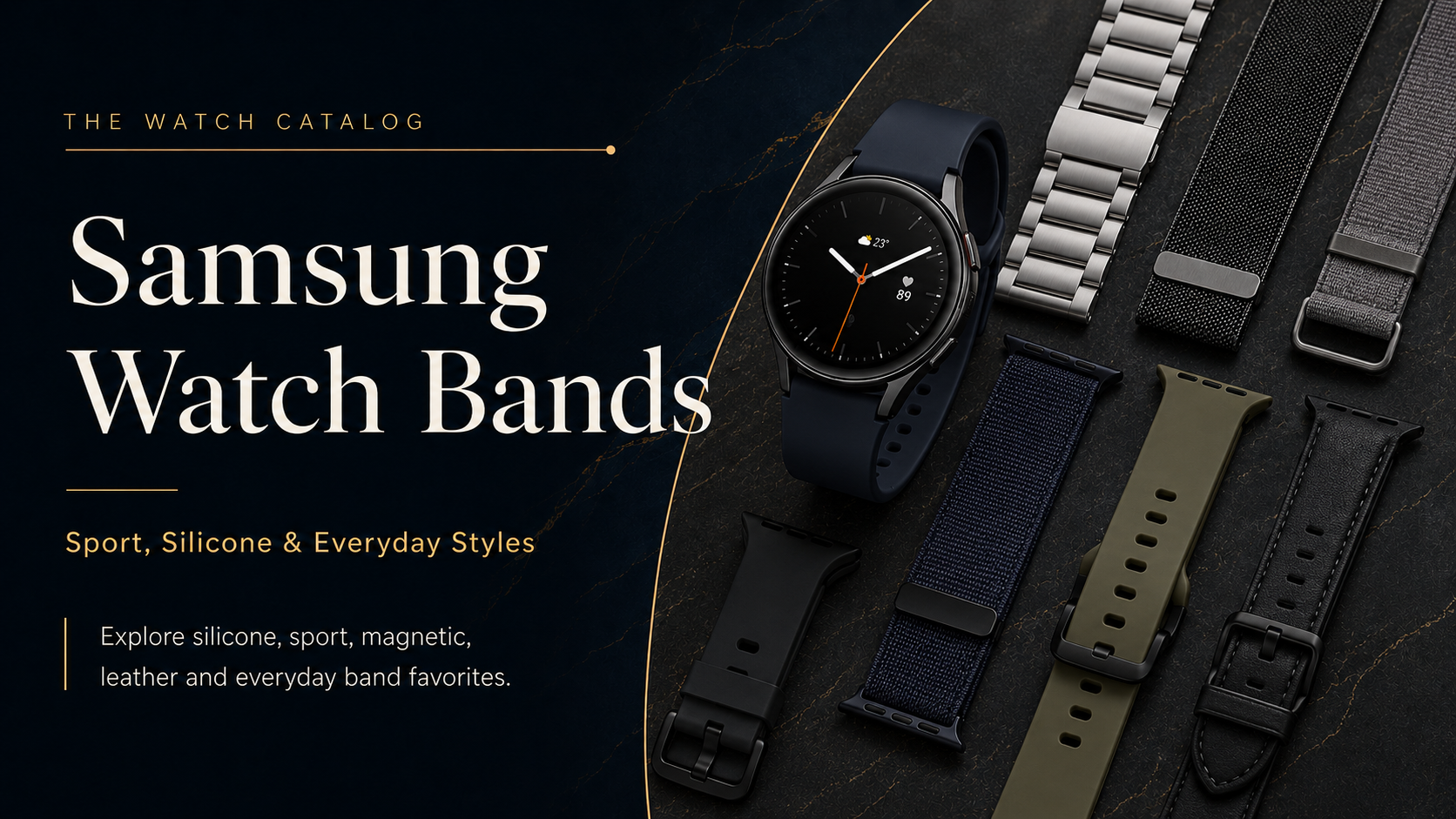 Samsung Watch Bands collection featuring silicone, sport, magnetic, metal, leather, and everyday replacement band styles.