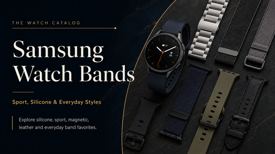 Samsung Watch Bands collection featuring silicone, sport, magnetic, metal, leather, and everyday replacement band styles.
