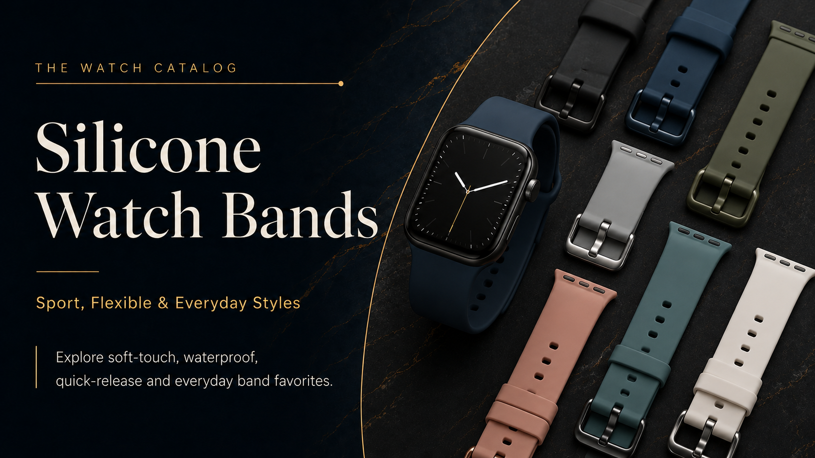 Silicone Watch Bands collection featuring soft-touch, waterproof, quick-release, sport, and everyday replacement band styles in multiple colors.
