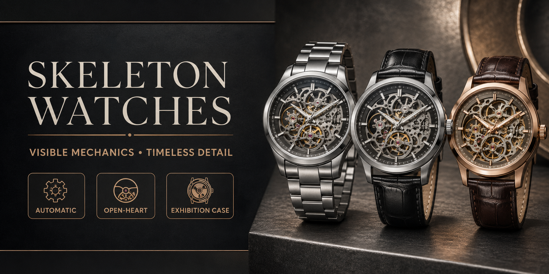 Skeleton watches with visible automatic movements, open-heart dials and exhibition cases
