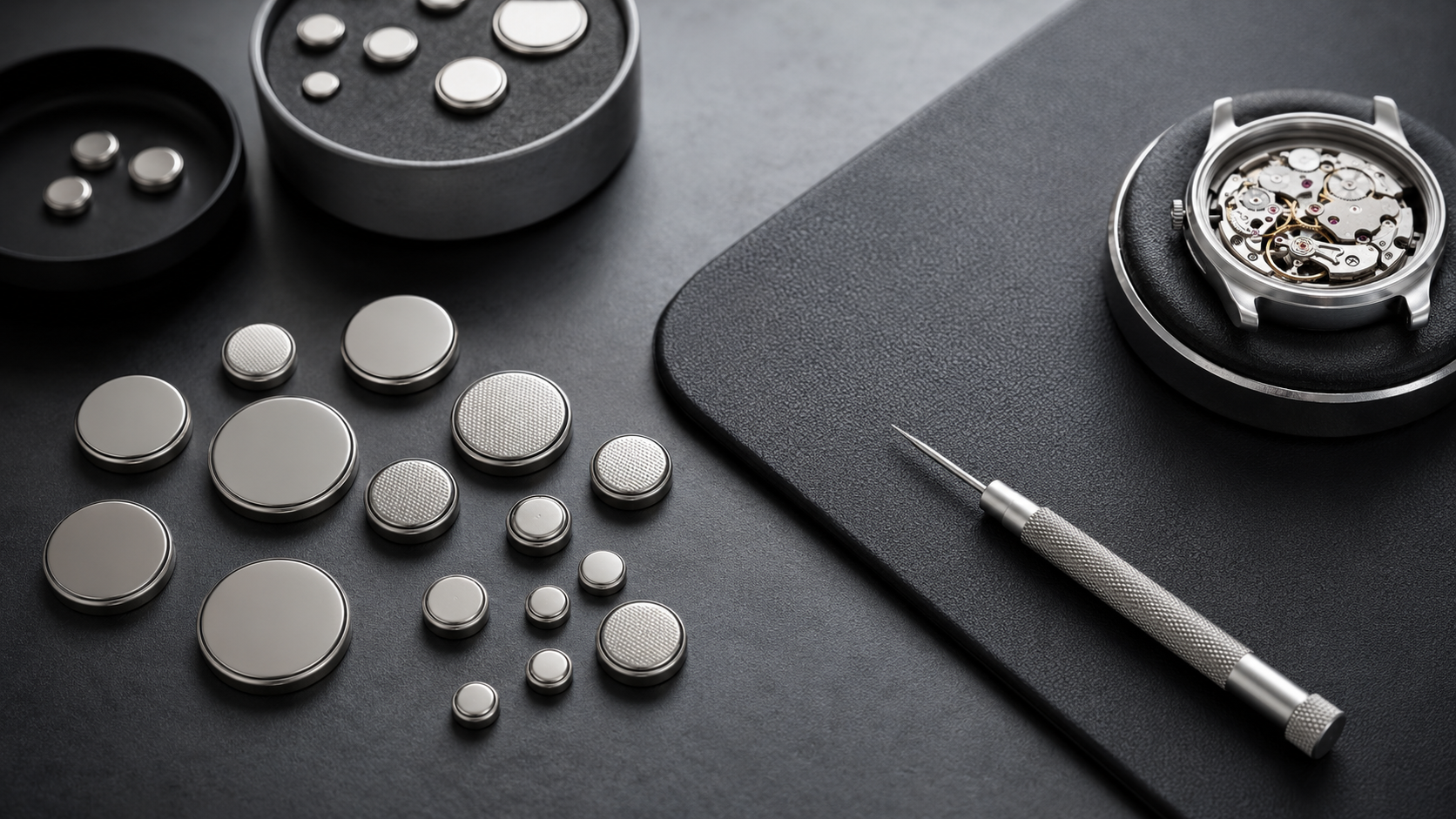 Assorted button cell batteries and watch repair tools