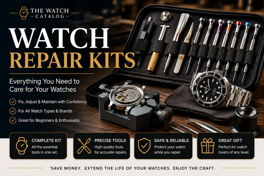 Watch Repair Kits collection featuring precision tools, case openers, spring bar tools, link-removal tools, tweezers, and watch maintenance accessories.