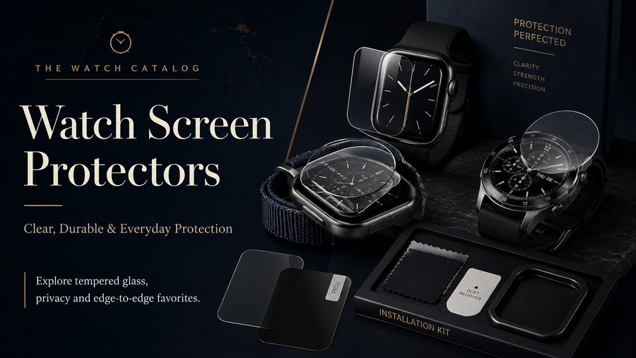 Watch Screen Protectors collection featuring tempered-glass, edge-to-edge, privacy, and everyday protective covers for smartwatches and traditional watches.