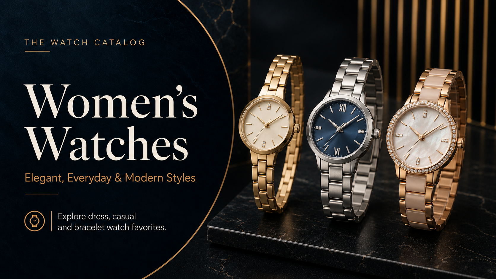 Women’s Watches collection featuring elegant gold, silver, and rose-gold dress, casual, and bracelet watch styles.