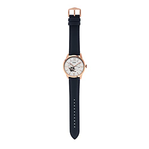 Fossil Men's Watch, Townsman Automatic Stainless Steel and Leather Two-Hand Skeleton Watch, Color: Rose Gold/Navy