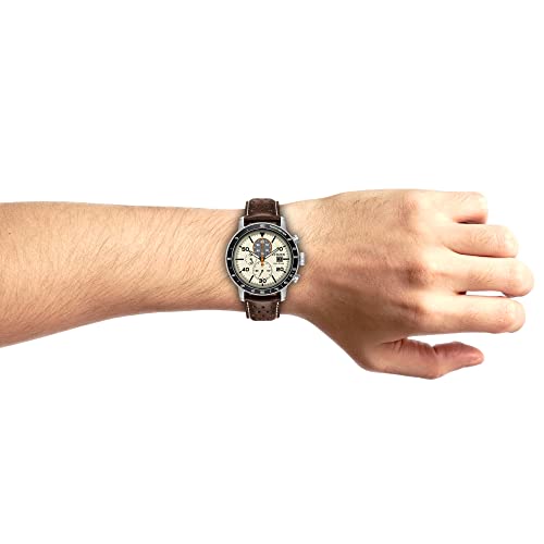 Citizen Men's Eco-Drive Weekender Brycen Chronograph Watch in Stainless Steel, Brown Leather Strap, Ivory Dial (Model: CA0649-06X)