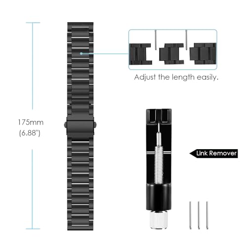 FINTIE 20mm Metal Bands Compatible with Garmin Vivoactive 6/5/3/3 Music, Venu Sq/Venu 2 Plus, Forerunner 55/165/245/645, Samsung Galaxy Watch 42mm/Active 2 1, Black