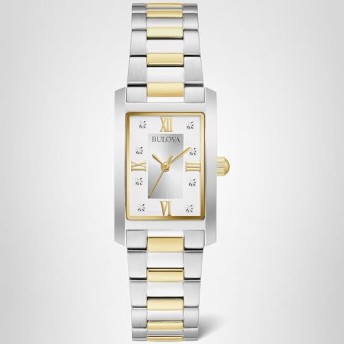 Bulova Ladies' Classic Diamond Two-Tone Stainless Steel 3-Hand Quartz Watch, Rectangle Silver Dial Style: 98P205