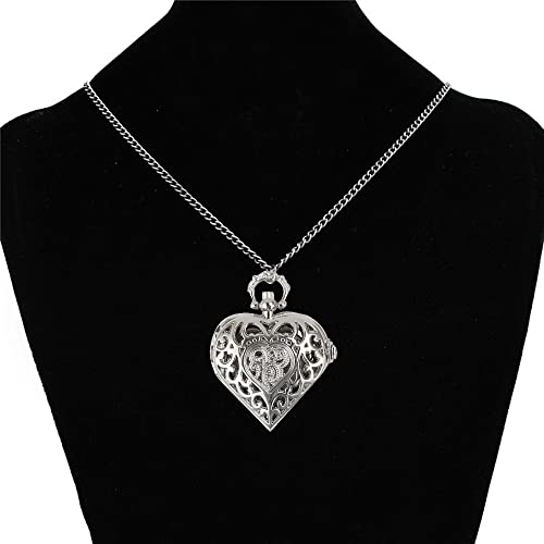 VIGOROSO Women's Pocket Watch, Analog Display, Quartz Movement, Silver Stainless Steel, Heart Pendant Necklace, Unisex Accessory, Valentines Day Gifts