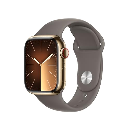 Apple Watch Series 9 [GPS + Cellular, 41mm] - Gold Stainless Steel Case with Clay Sport Band, S/M (Renewed)