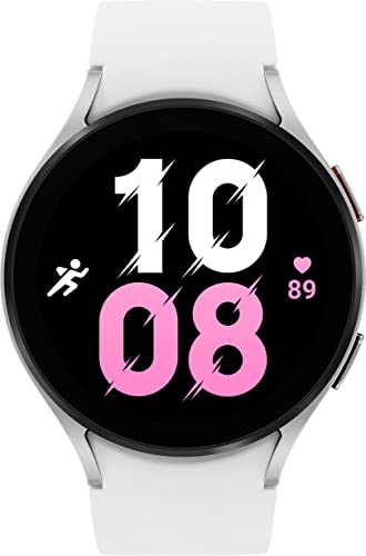 SAMSUNG Galaxy Watch 5 44mm Bluetooth Smartwatch w/Body, Health, Fitness and Sleep Tracker, Sapphire Crystal Glass, Enhanced GPS Tracking, US Version, Silver Bezel w/White Band (Renewed)