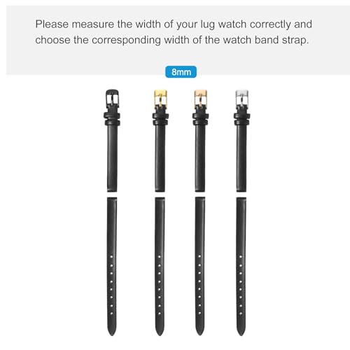 uxcell Black Genuine Leather Band 8mm Width, Flat Thin Elegant Leather Watch Strap Black Buckle for Men and Women