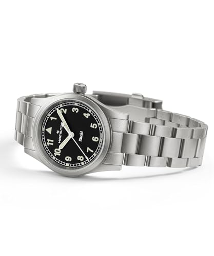 Hamilton Khaki Field Khaki Quartz Men's Watch, 33mm Stainless Steel Case, Swiss Made, Black Dial Analog Wrist Watch for Men, 50m Waterproof, Sapphire Crystal, Stainless Steel Strap