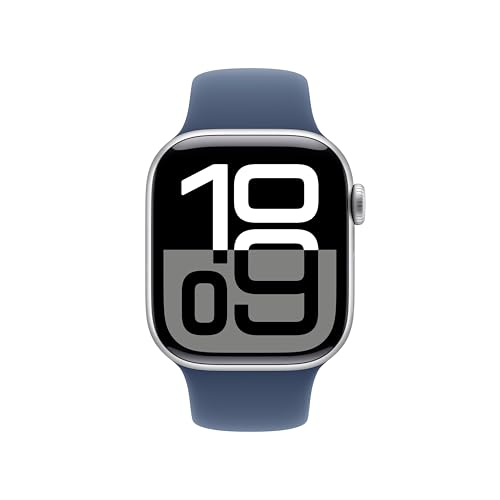 Apple Watch Series 10 [GPS 42mm case] Smartwatch with Silver Aluminum Case with Denim Sport Band - S/M. Fitness Tracker, ECG App, Always-On Retina Display, Water Resistant