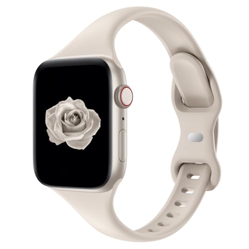 Thin Slim Band Compatible with Apple Watch 38mm 40mm 41mm 42mm 44mm 45mm 46mm 49mm, Replacement Silicone Sport Strap for iWatch Series 11/10/9/8/7/6/5/4/3/2/1 Ultra SE Women Men, Starlight