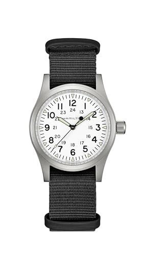 Hamilton Khaki Field Mechanical Men's Watch, 38mm Stainless Steel Case, Swiss Made, White Dial Analog Wrist Watch for Men, 50m Waterproof, Sapphire Crystal, Textile Strap