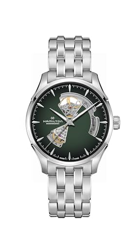 Hamilton Jazzmaster Open Heart Automatic Men's Watch, 40mm Stainless Steel Case, Swiss Made, Green Dial Analog Wrist Watch, 50m Waterproof, Sapphire Crystal, 3-Hand Movement, Stainless Steel Strap
