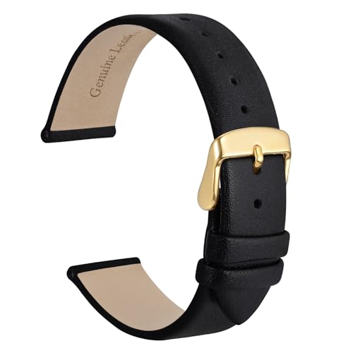 WOCCI 18mm Lug Width, Elegant Watch Band, Genuine Leather Replacement Strap with Gold Buckle (Black)