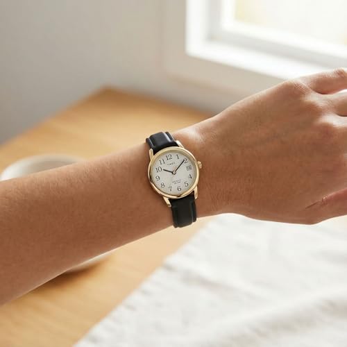 Timex Women's Easy Reader 25mm Watch – Gold-Tone Case White Dial and Date with Black Leather Strap
