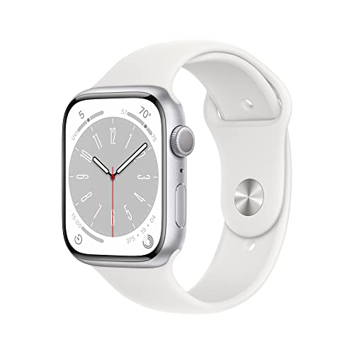 Apple Watch Series 8 (GPS, 45MM) Silver Aluminum Case with White Sport Band, M/L (Renewed Premium)