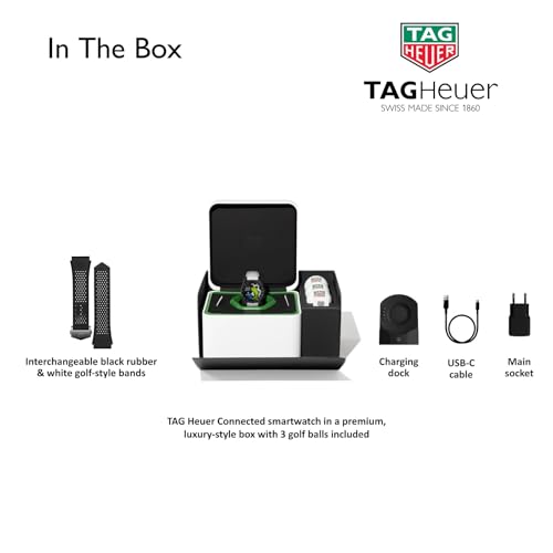 TAG Heuer Smart Watch, Fitness Watch, Connected Calibre E4 45 mm Golf Edition, Touch Screen, Waterproof, Calls, SMS, Steps, Heart Rate, Wellness, Titanium, White Or Black/Green Straps, SBR8A81.EB0251