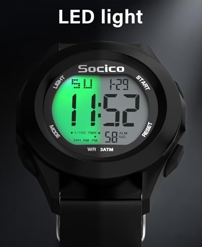SOCICO Mens Digital Watch Sports Waterproof Outdoor Large Face Military Watches with Stopwatch Back Light Alarm Date Display