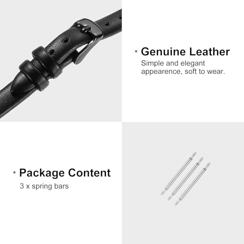 uxcell Black Genuine Leather Band 8mm Width, Flat Thin Elegant Leather Watch Strap Black Buckle for Men and Women