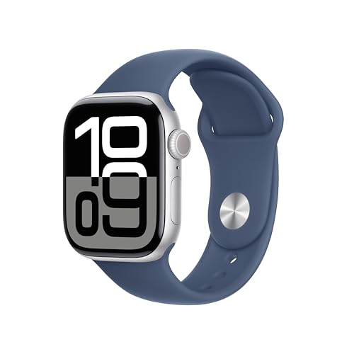 Apple Watch Series 10 [GPS 42mm case] Smartwatch with Silver Aluminum Case with Denim Sport Band - S/M. Fitness Tracker, ECG App, Always-On Retina Display, Water Resistant