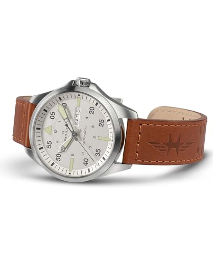 Hamilton Khaki Aviation Automatic Men's Watch, 42mm Stainless Steel Case, Swiss Made, Silver Dial Analog Wrist Watch for Men, 100m Waterproof, Sapphire Crystal, 3-Hand Movement, Calf Leather Strap