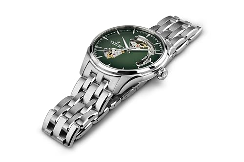 Hamilton Jazzmaster Open Heart Automatic Men's Watch, 40mm Stainless Steel Case, Swiss Made, Green Dial Analog Wrist Watch, 50m Waterproof, Sapphire Crystal, 3-Hand Movement, Stainless Steel Strap